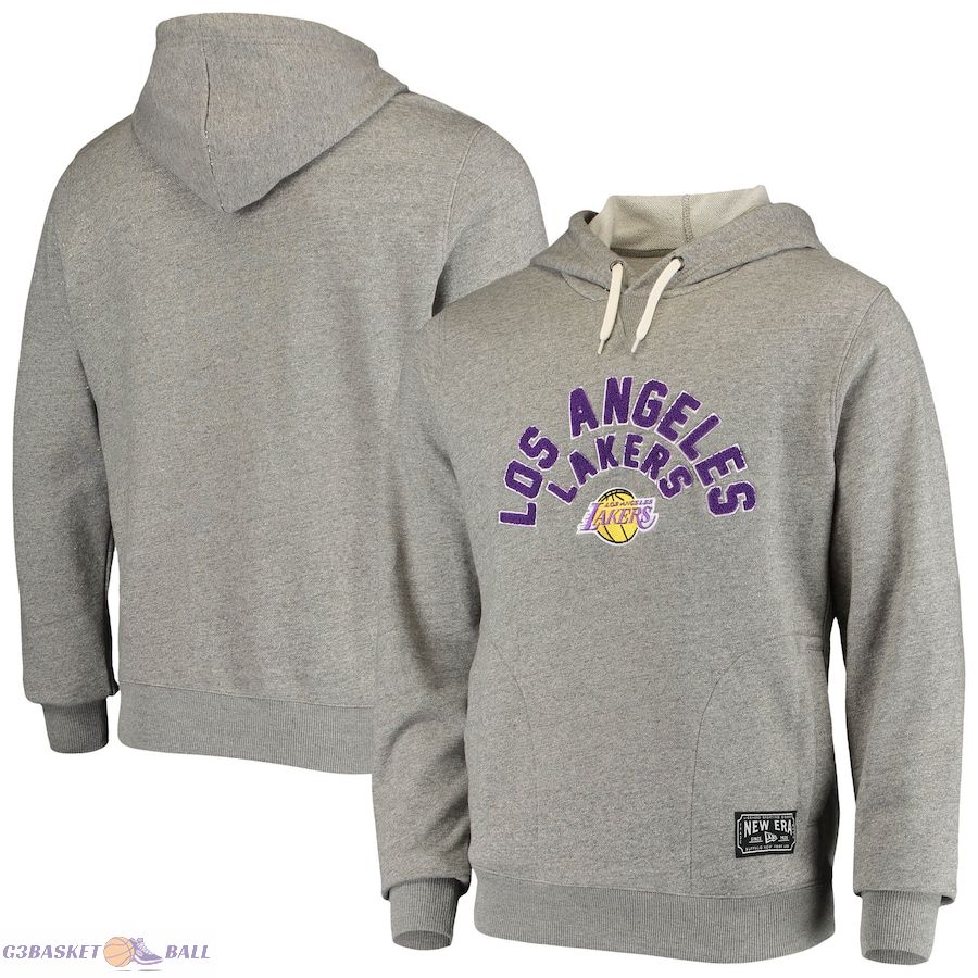 Men's Los Angeles Lakers New Era Heathered Gray French Terry Chenille Fleece Pullover Hoodie