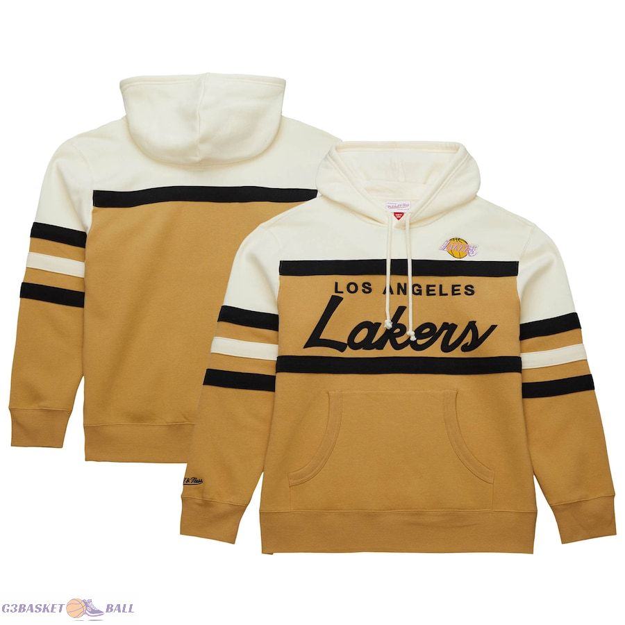 Men's Los Angeles Lakers Mitchell & Ness Tan/Cream Hardwood Classics Vintage Logo Head Coach Pullover Hoodie