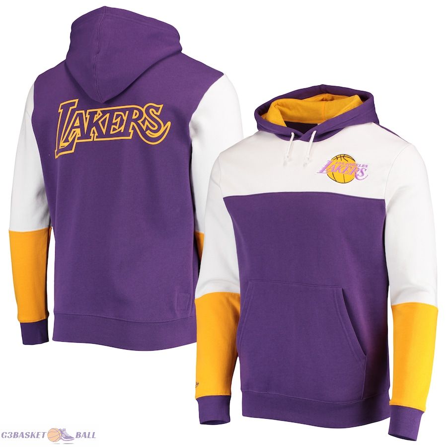 Men's Los Angeles Lakers Mitchell & Ness Purple Hardwood Classics Fusion 2.0 Colorblock Pullover Hoodie