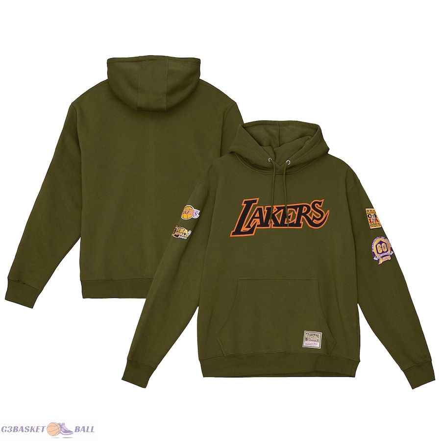 Men's Los Angeles Lakers Mitchell & Ness Olive Hardwood Classics Script Flight Pullover Hoodie