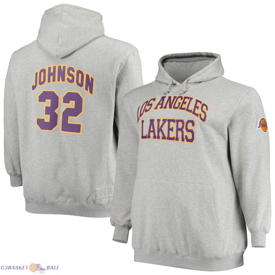 Men's Los Angeles Lakers Magic Johnson Mitchell & Ness Heathered Gray Big & Tall Name & Number Pullover Hoodie