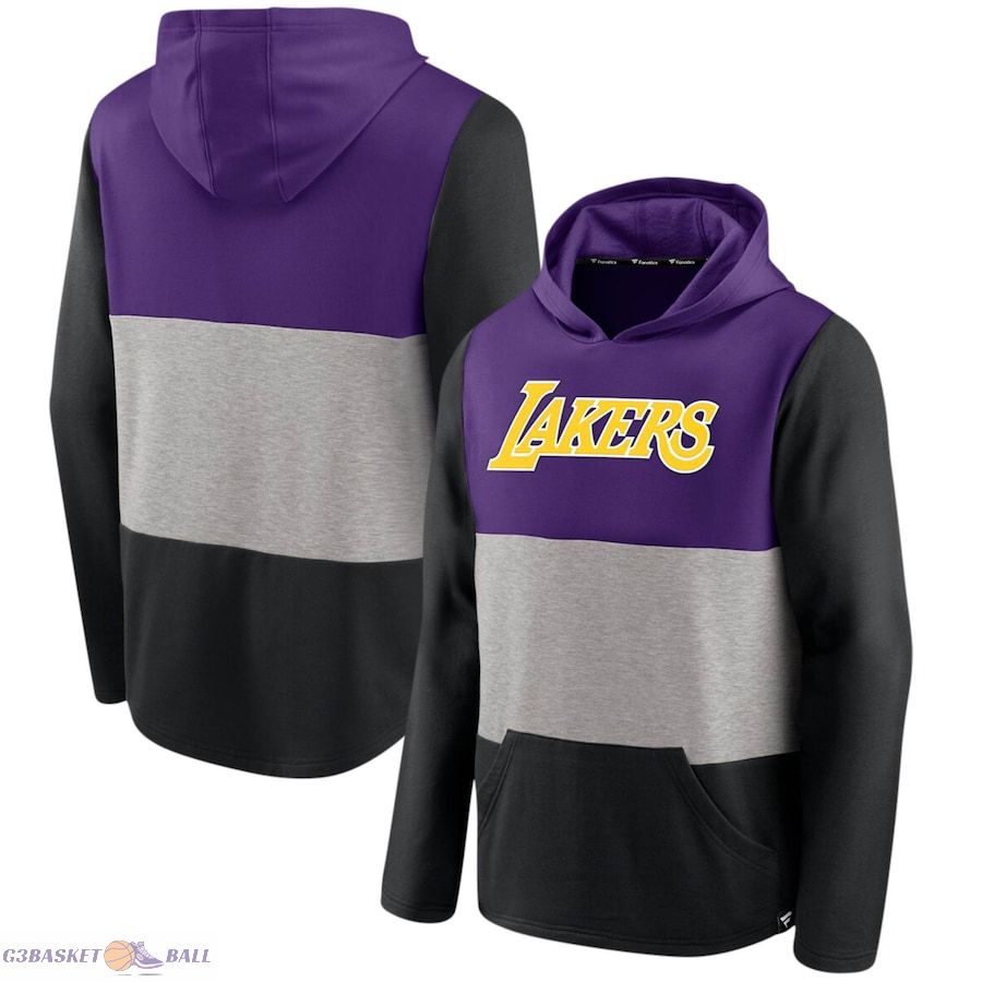 Men's Los Angeles Lakers Fanatics Purple/Black Linear Logo Comfy Colorblock Tri-Blend Pullover Hoodie