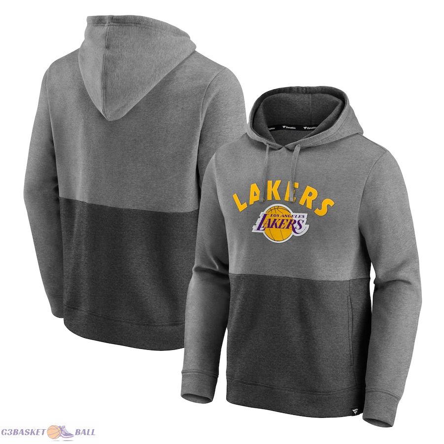 Men's Los Angeles Lakers Fanatics Heathered Charcoal/Black Block Party Applique Color Block Pullover Hoodie