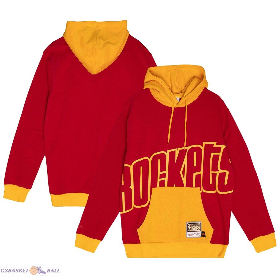 Men's Houston Rockets Mitchell & Ness Red Hardwood Classics Big Face 5.0 Pullover Hoodie