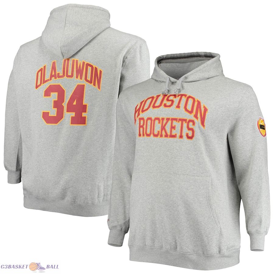 Men's Houston Rockets Hakeem Olajuwon Mitchell & Ness Heathered Gray Big & Tall Name & Number Pullover Hoodie