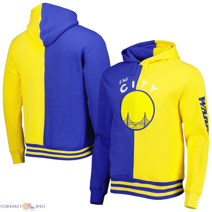 Men's Golden State Warriors Mitchell & Ness Royal/Gold Hardwood Classics Split Pullover Hoodie