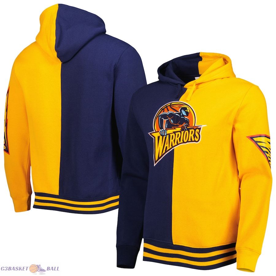 Men's Golden State Warriors Mitchell & Ness Navy/Gold Hardwood Classics Split Pullover Hoodie