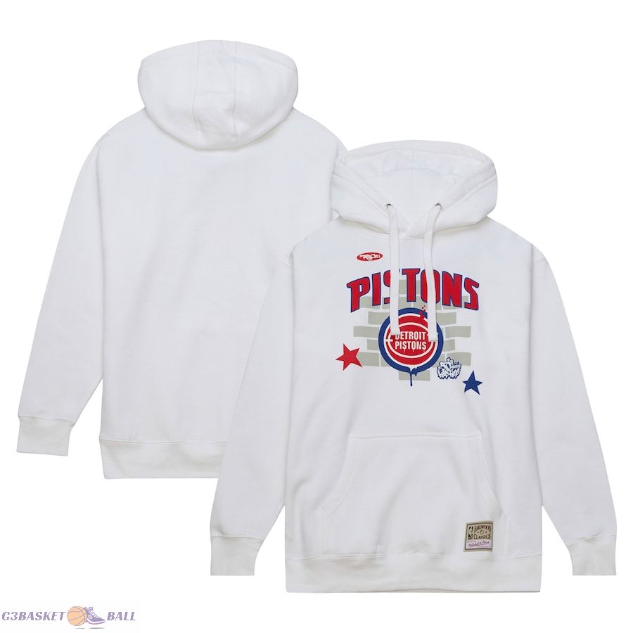 Men's Detroit Pistons Mitchell & Ness x Tats Cru White Hardwood Classics Brick Pullover Hoodie