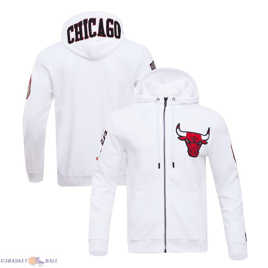 Men's Chicago Bulls Pro Standard White Classic Chenille Double Knit Full-Zip Pullover Hoodie