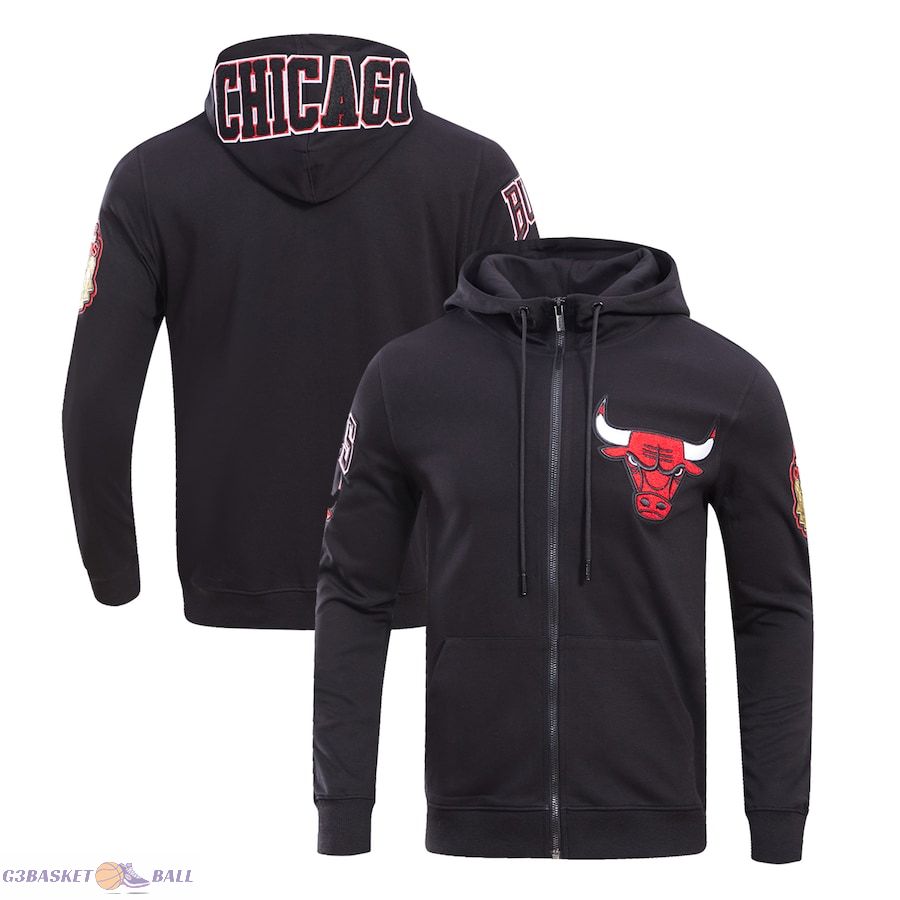 Men's Chicago Bulls Pro Standard Black Classic Chenille Double Knit Full-Zip Pullover Hoodie