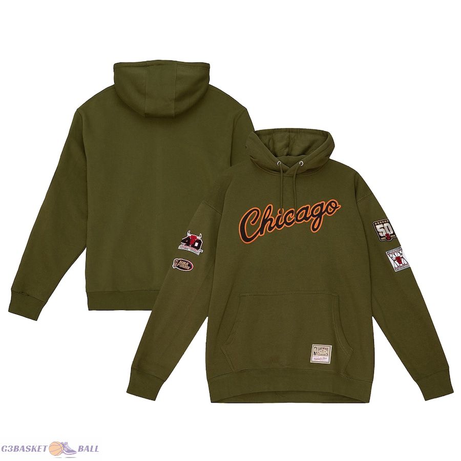 Men's Chicago Bulls Mitchell & Ness Olive Hardwood Classics Script Flight Pullover Hoodie