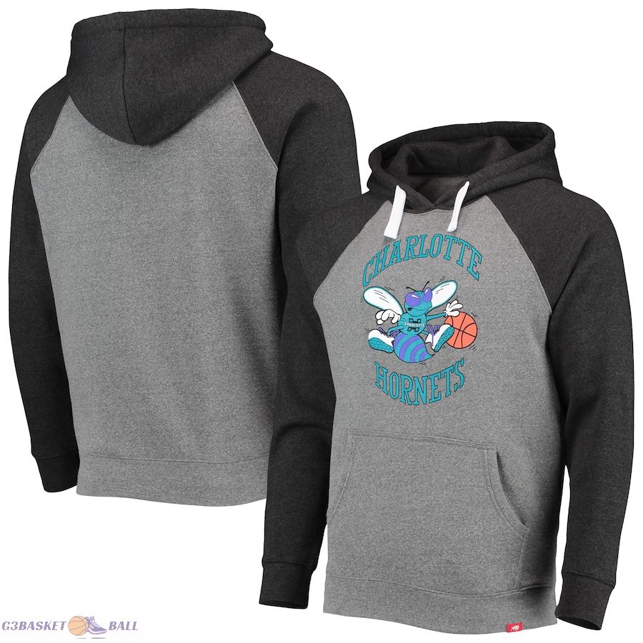 Men's Charlotte Hornets Sportiqe Heathered Gray/Black Olsen Colorblock Raglan Tri-Blend Pullover Hoodie