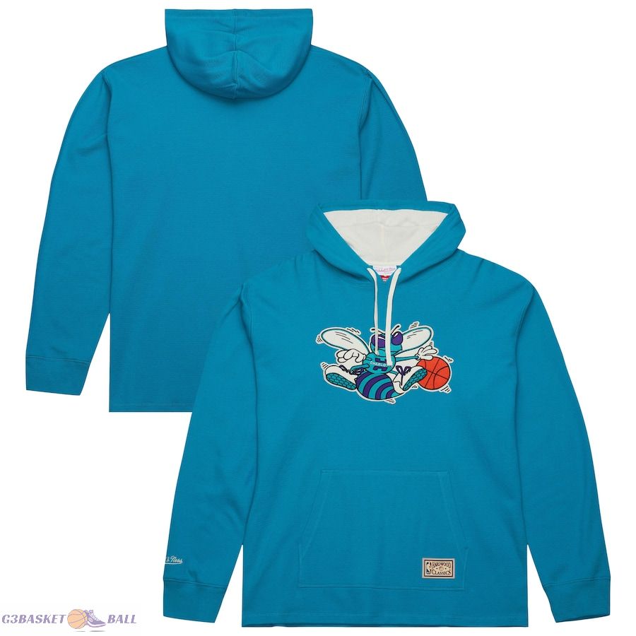 Men's Charlotte Hornets Mitchell & Ness Teal Hardwood Classics Lightweight Thermal Pullover Hoodie