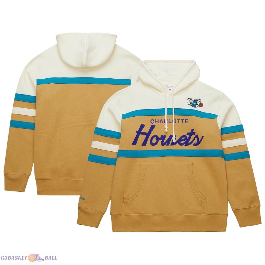 Men's Charlotte Hornets Mitchell & Ness Tan/Cream Hardwood Classics Vintage Logo Head Coach Pullover Hoodie