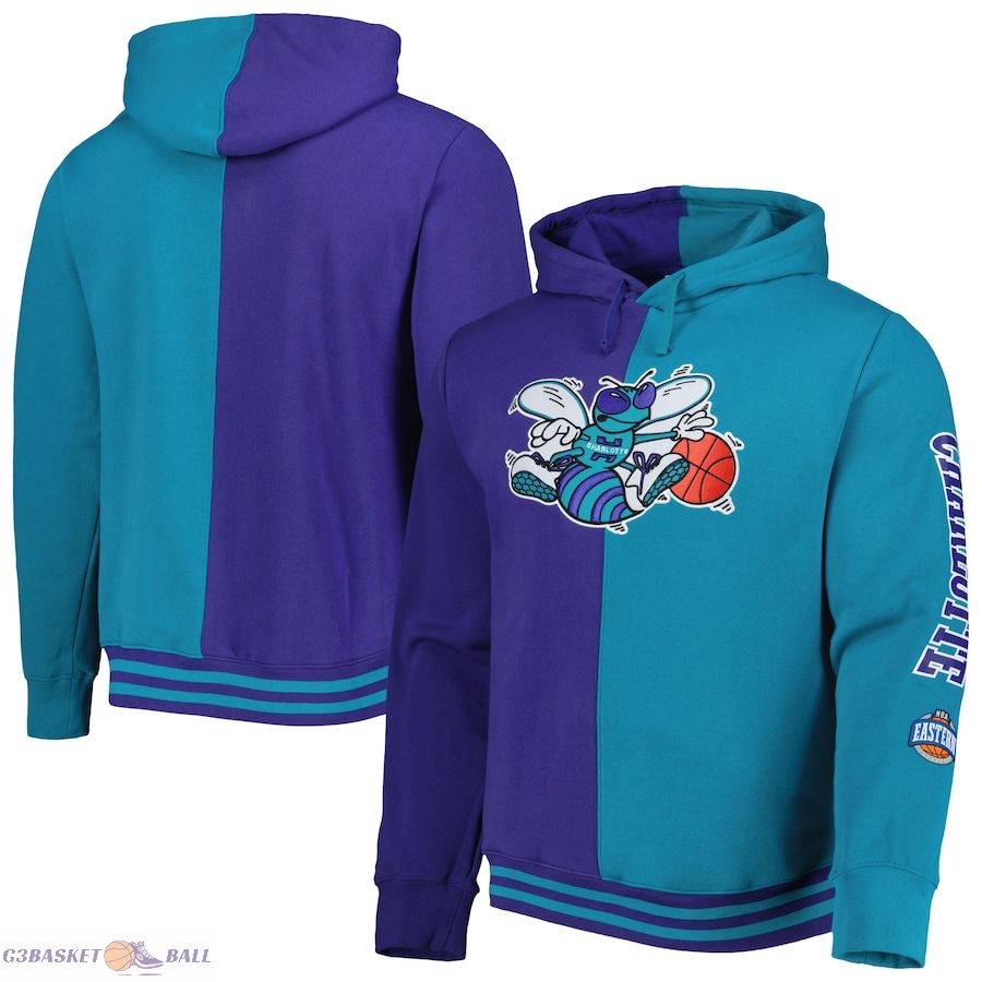 Men's Charlotte Hornets Mitchell & Ness Purple/Teal Hardwood Classics Split Pullover Hoodie