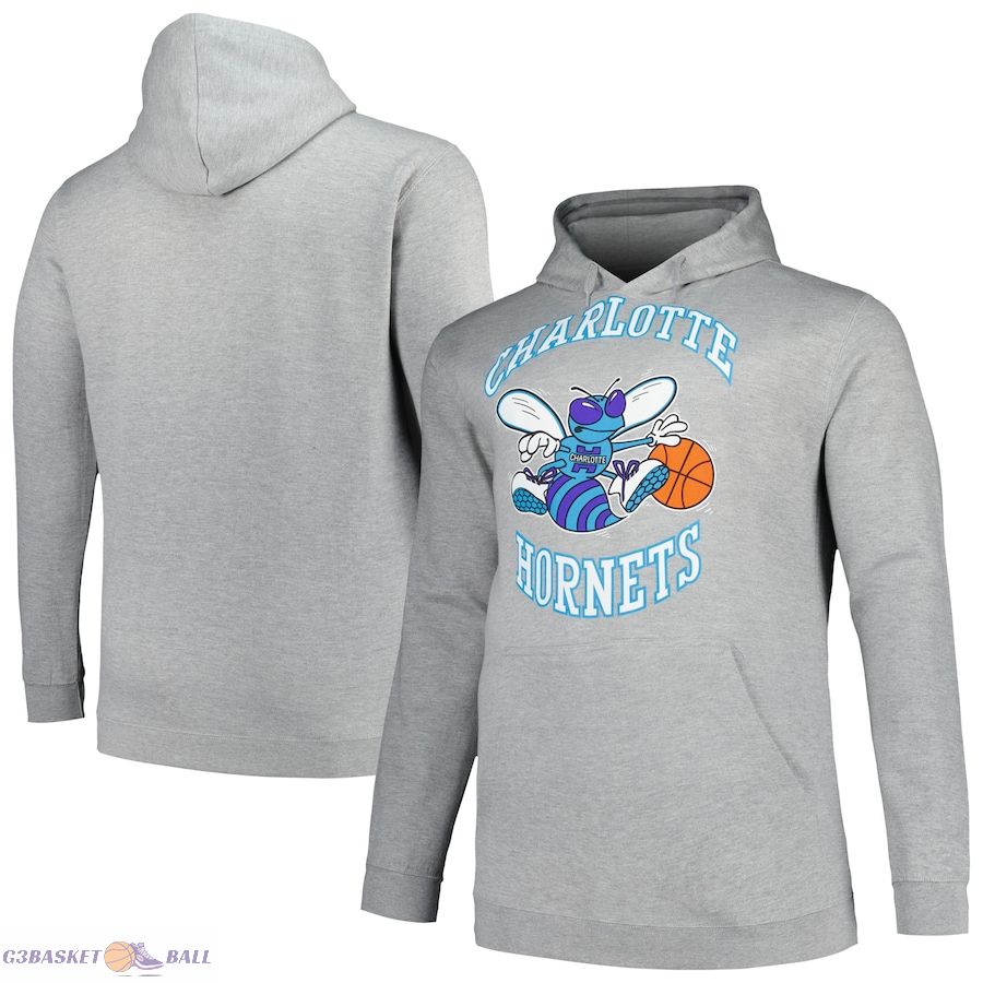 Men's Charlotte Hornets Mitchell & Ness Heather Gray Hardwood Classics Big & Tall Pullover Hoodie