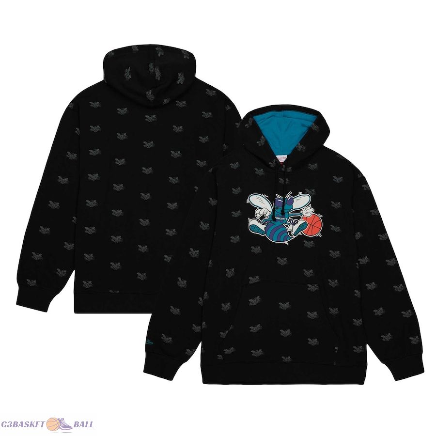 Men's Charlotte Hornets Mitchell & Ness Black Hardwood Classics Allover Print Pullover Hoodie