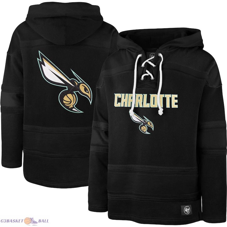 Men's Charlotte Hornets '47 Black 2022/23 Pregame MVP Lacer Pullover Hoodie - City Edition