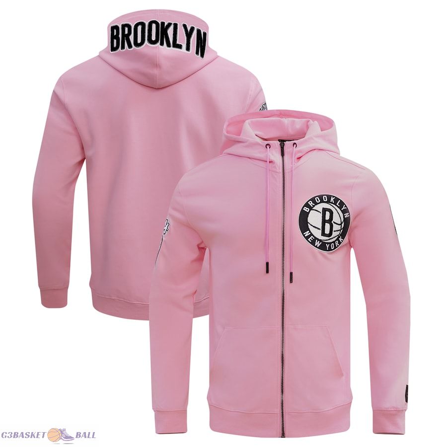 Men's Brooklyn Nets Pro Standard Pink Classic Chenille Double Knit Full-Zip Pullover Hoodie