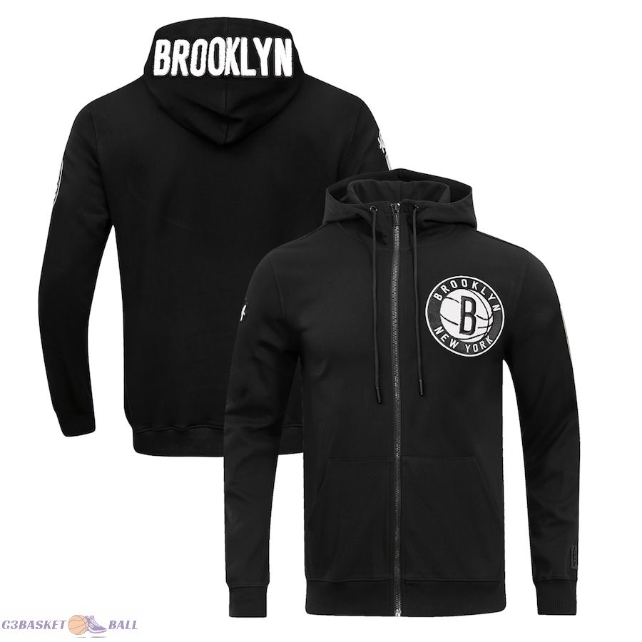 Men's Brooklyn Nets Pro Standard Black Classic Chenille Double Knit Full-Zip Pullover Hoodie