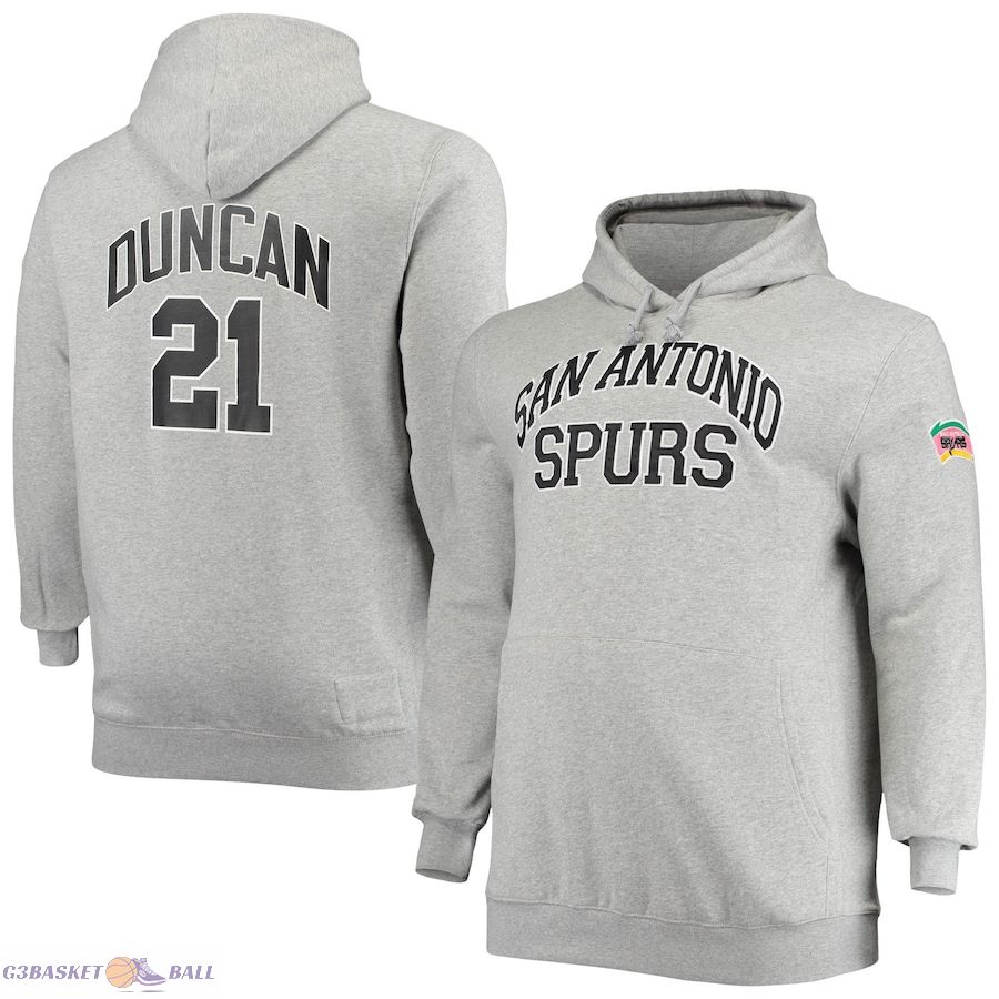 Men's San Antonio Spurs Tim Duncan Mitchell & Ness Heathered Gray Big & Tall Name & Number Pullover Hoodie