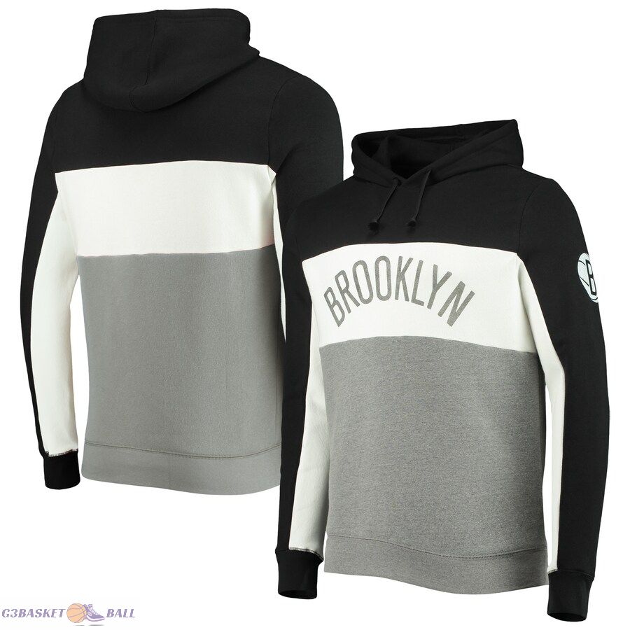 Men's Brooklyn Nets Junk Food Black/White Wordmark Colorblock Fleece Pullover Hoodie