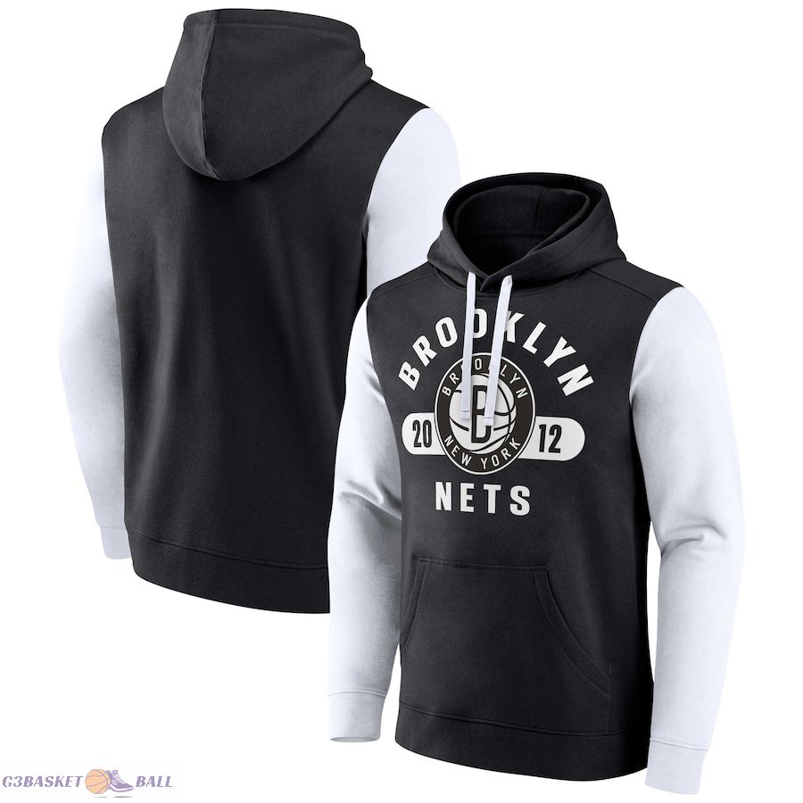 Men's Brooklyn Nets Fanatics Black/White Attack Colorblock Pullover Hoodie