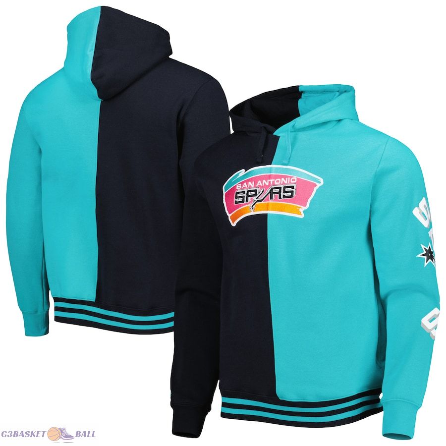 Men's San Antonio Spurs Mitchell & Ness Black/Teal Hardwood Classics Split Pullover Hoodie