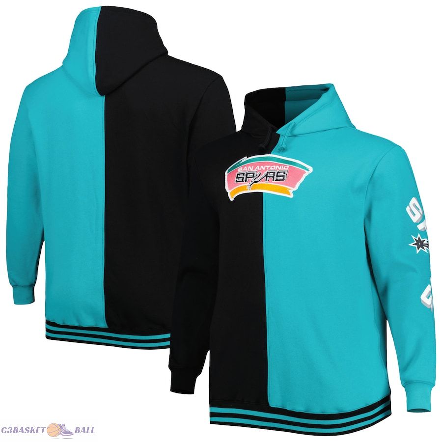 Men's San Antonio Spurs Mitchell & Ness Black/Teal Big & Tall Hardwood Classics Split Pullover Hoodie