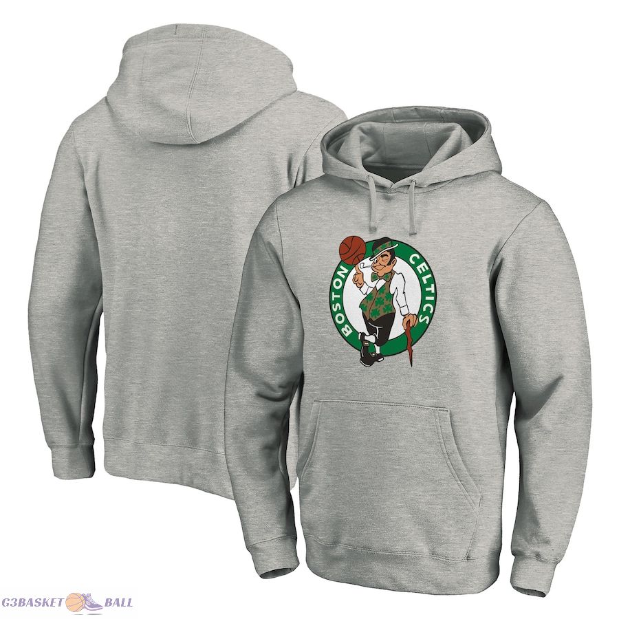 Men's Boston Celtics Fanatics Heather Gray Team Primary Logo Fitted Pullover Hoodie