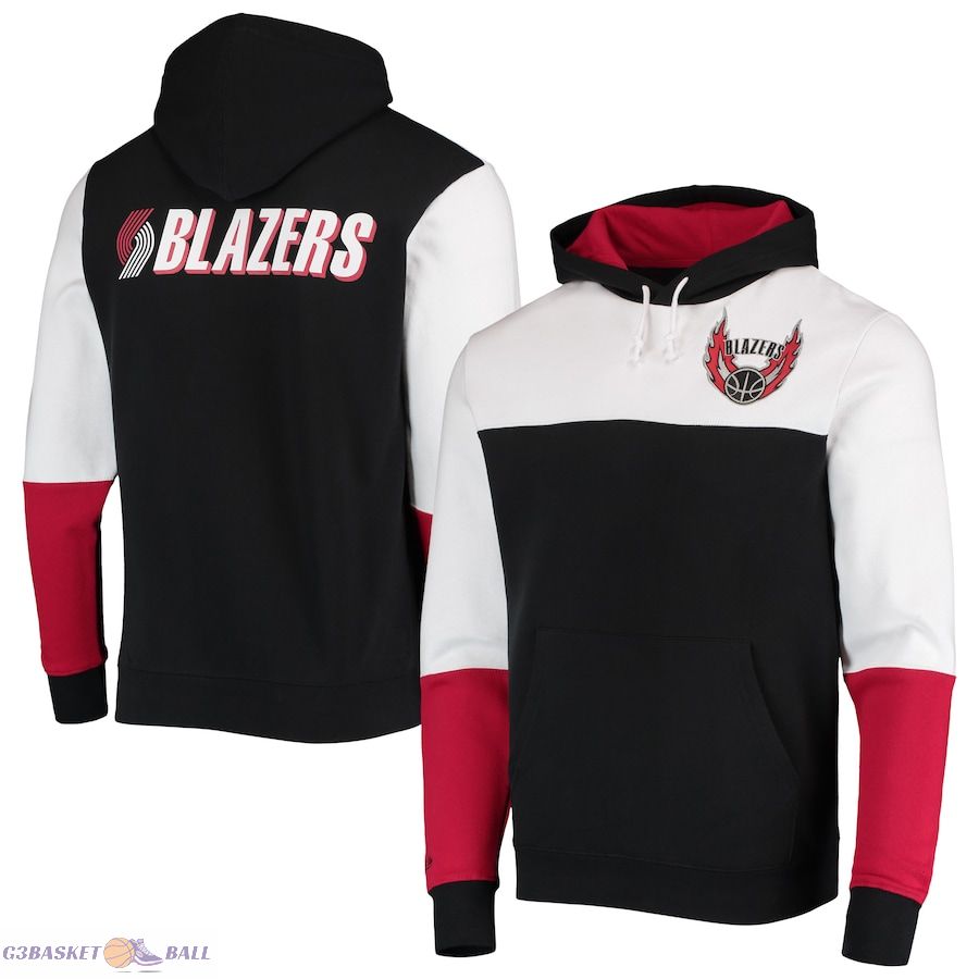 Men's Portland Trail Blazers Mitchell & Ness Black Hardwood Classics Fusion 2.0 Colorblock Pullover Hoodie