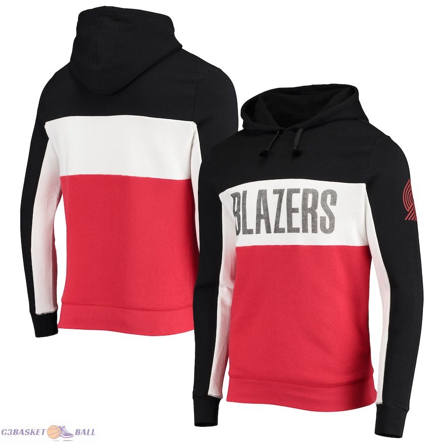 Men's Portland Trail Blazers Junk Food Black/White Wordmark Colorblock Fleece Pullover Hoodie