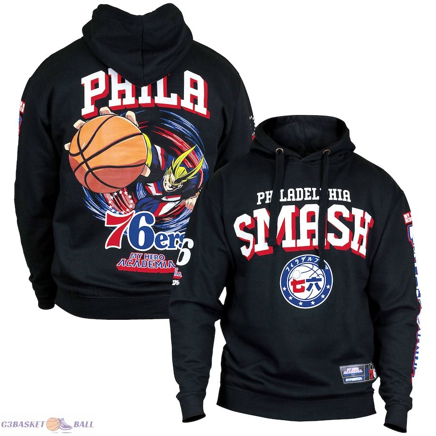 Unisex Philadelphia 76ers Hyperfly Black NBA x My Hero Academia All Might Smash Pullover Hoodie