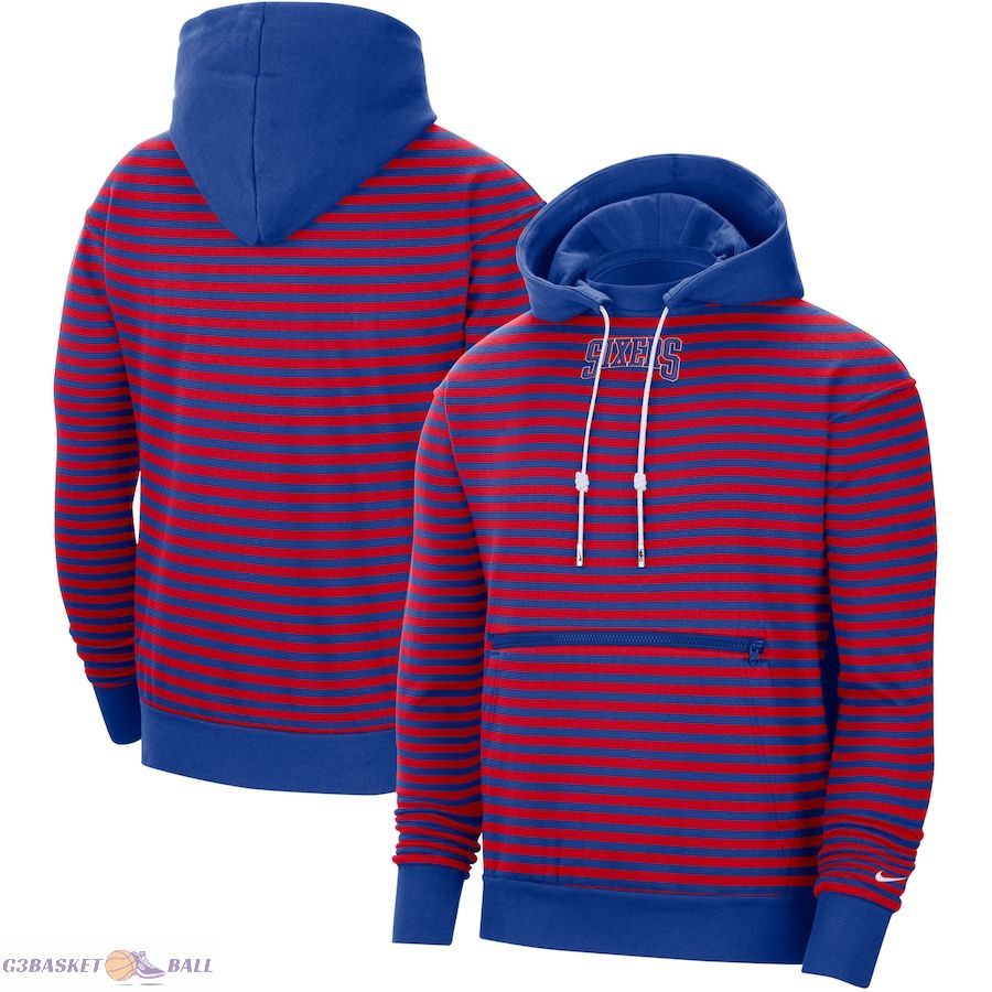 Men's Philadelphia 76ers Nike Red/Royal 75th Anniversary Courtside Striped Pullover Hoodie