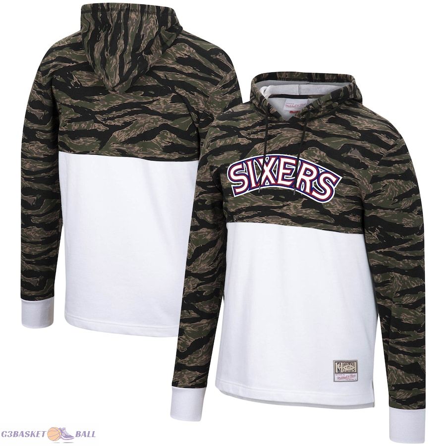 Men's Philadelphia 76ers Mitchell & Ness White Hardwood Classics Tiger Camo Pullover Hoodie