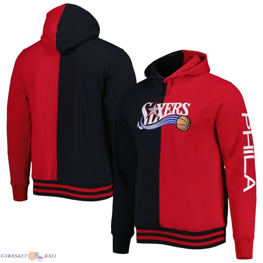 Men's Philadelphia 76ers Mitchell & Ness Black/Red Hardwood Classics Split Pullover Hoodie