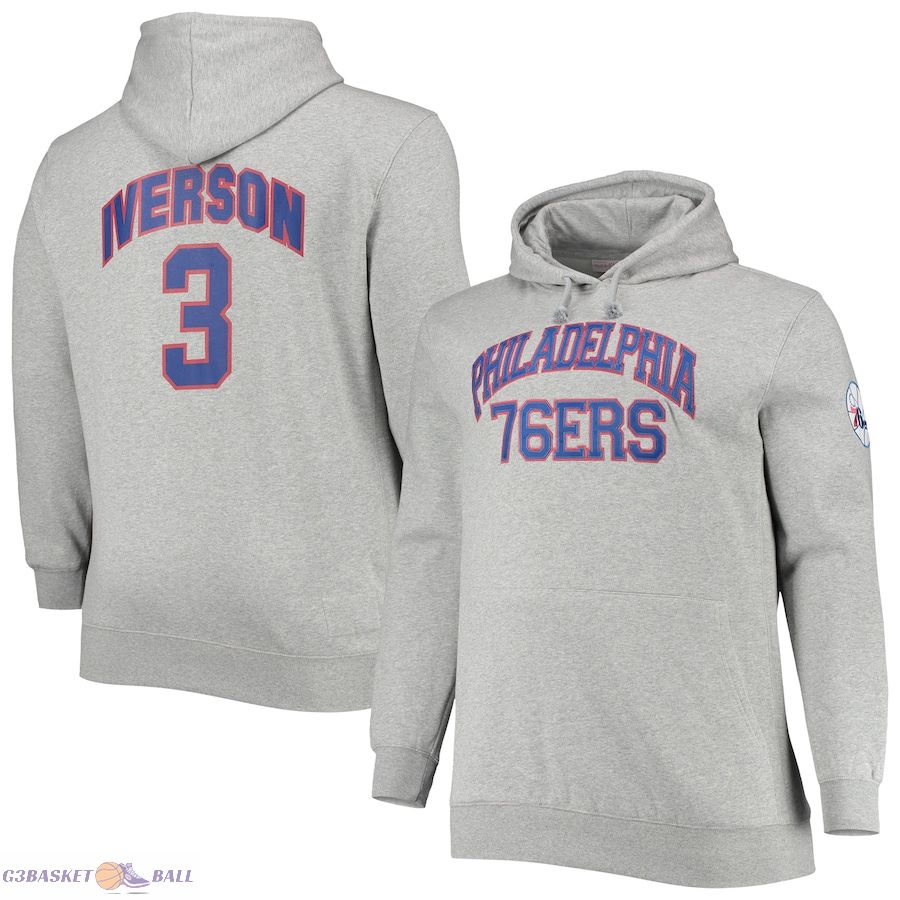 Men's Philadelphia 76ers Allen Iverson Mitchell & Ness Heathered Gray Big & Tall Name & Number Pullover Hoodie