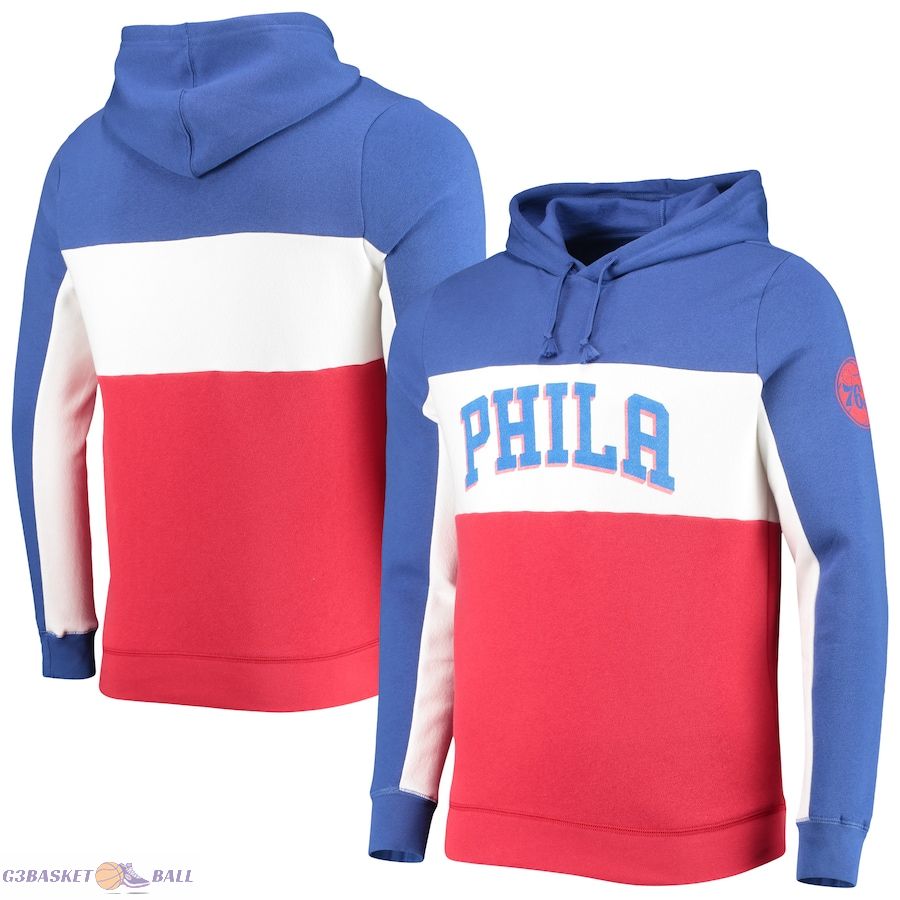 Men's Philadelphia 76ers Junk Food Blue/White Wordmark Colorblock Fleece Pullover Hoodie