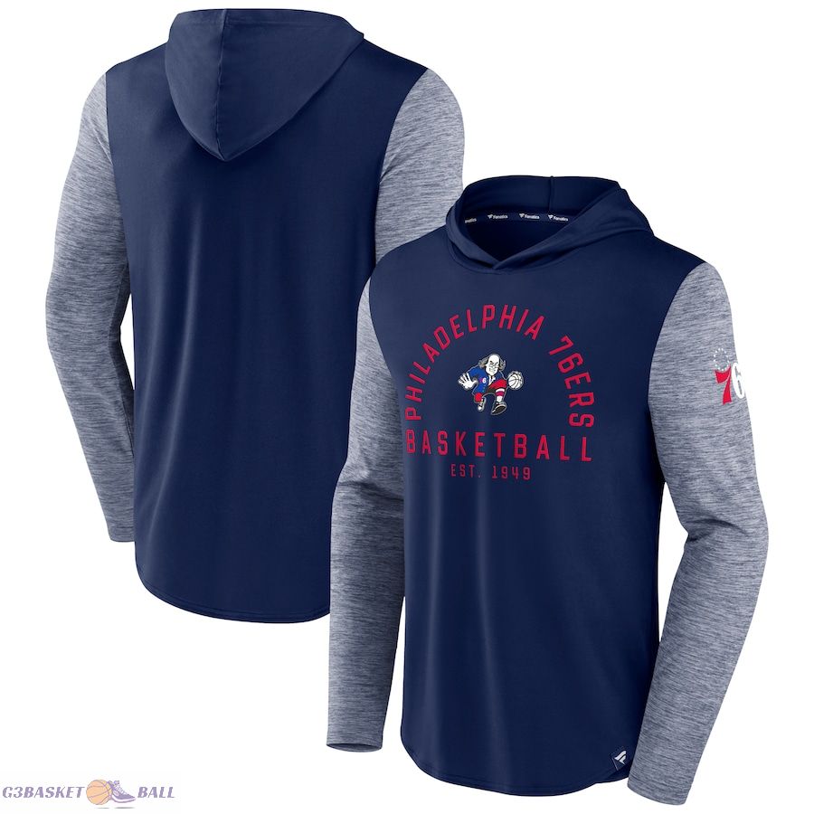 Men's Philadelphia 76ers Fanatics Navy/Heathered Navy Deep Rotation Performance Pullover Hoodie