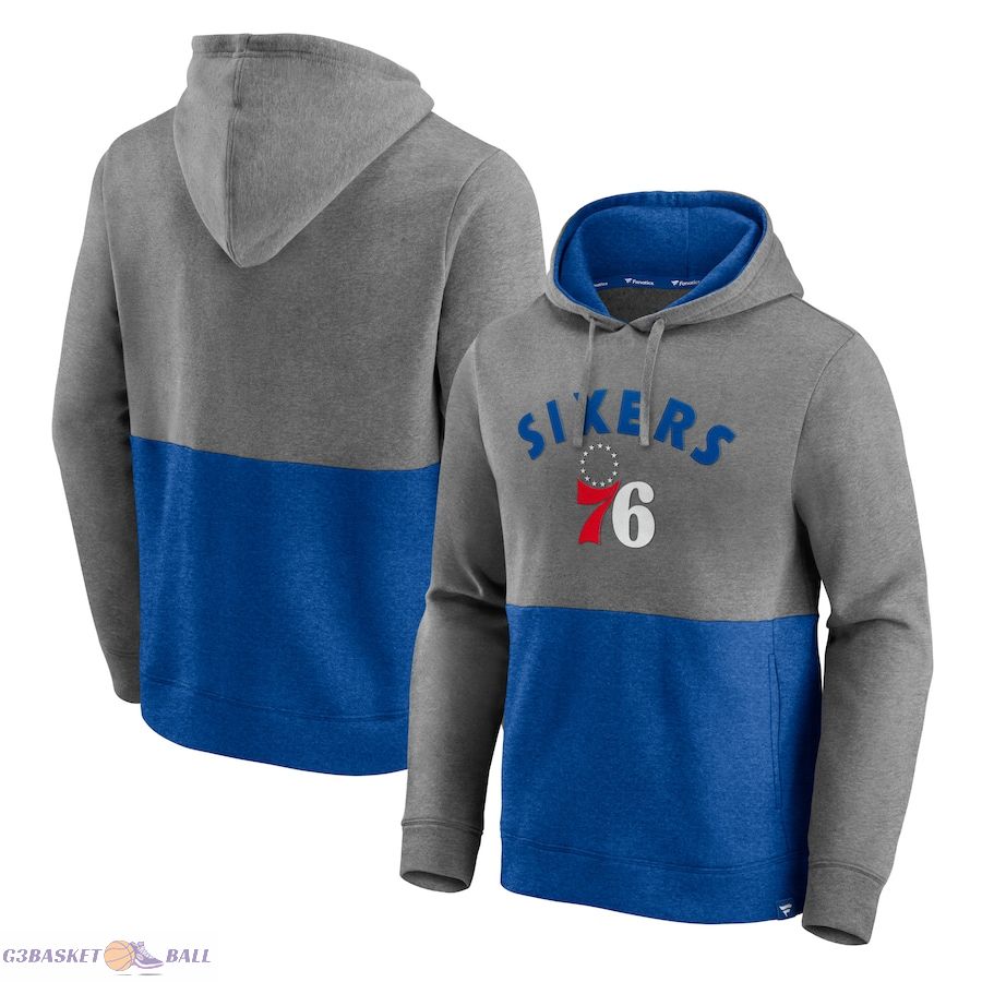 Men's Philadelphia 76ers Fanatics Heathered Charcoal/Royal Block Party Applique Color Block Pullover Hoodie