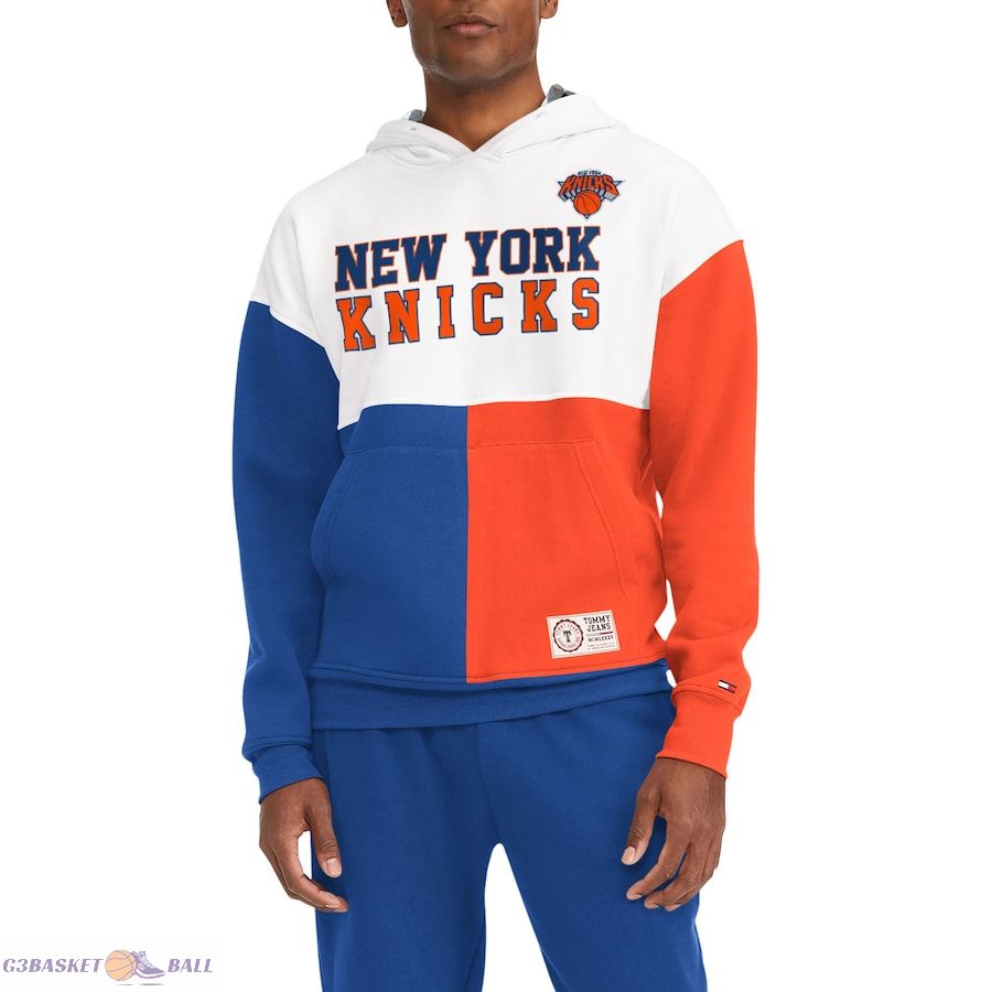 Men's New York Knicks Tommy Jeans White/Royal Andrew Split Pullover Hoodie