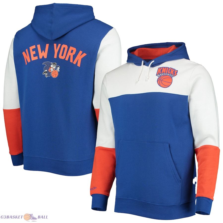 Men's New York Knicks Mitchell & Ness Royal Hardwood Classics Fusion 2.0 Colorblock Pullover Hoodie