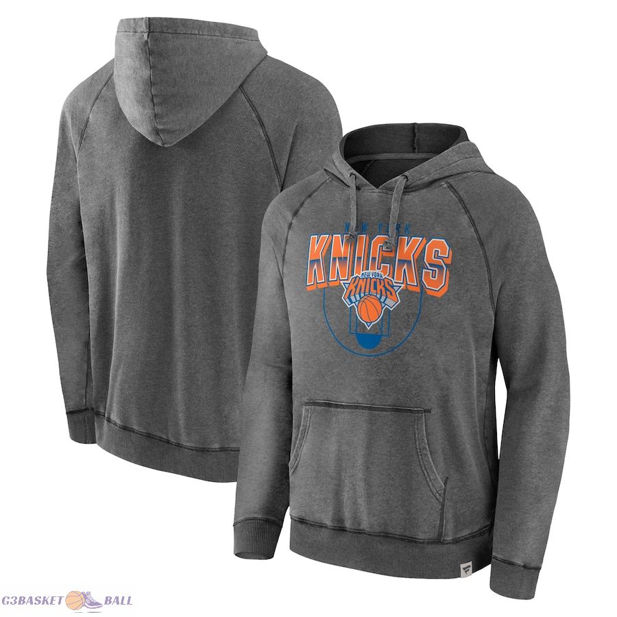 Men's New York Knicks Fanatics Gray True Classics Vintage Snow Wash Raglan Pullover Hoodie