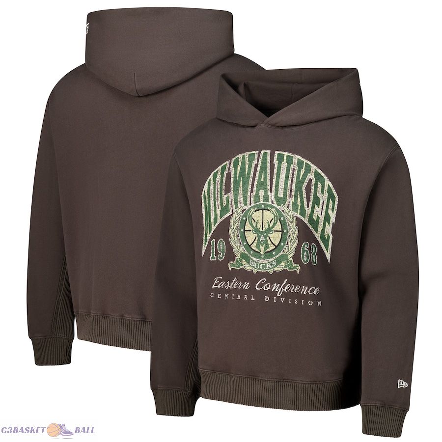 Unisex Milwaukee Bucks New Era Charcoal Oversized Essentials Pigment Wash Fleece Pullover Hoodie