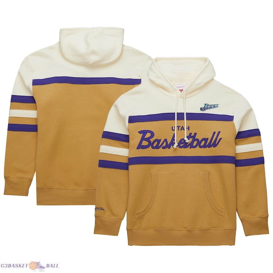 Men's Utah Jazz Mitchell & Ness Tan/Cream Hardwood Classics Vintage Logo Head Coach Pullover Hoodie