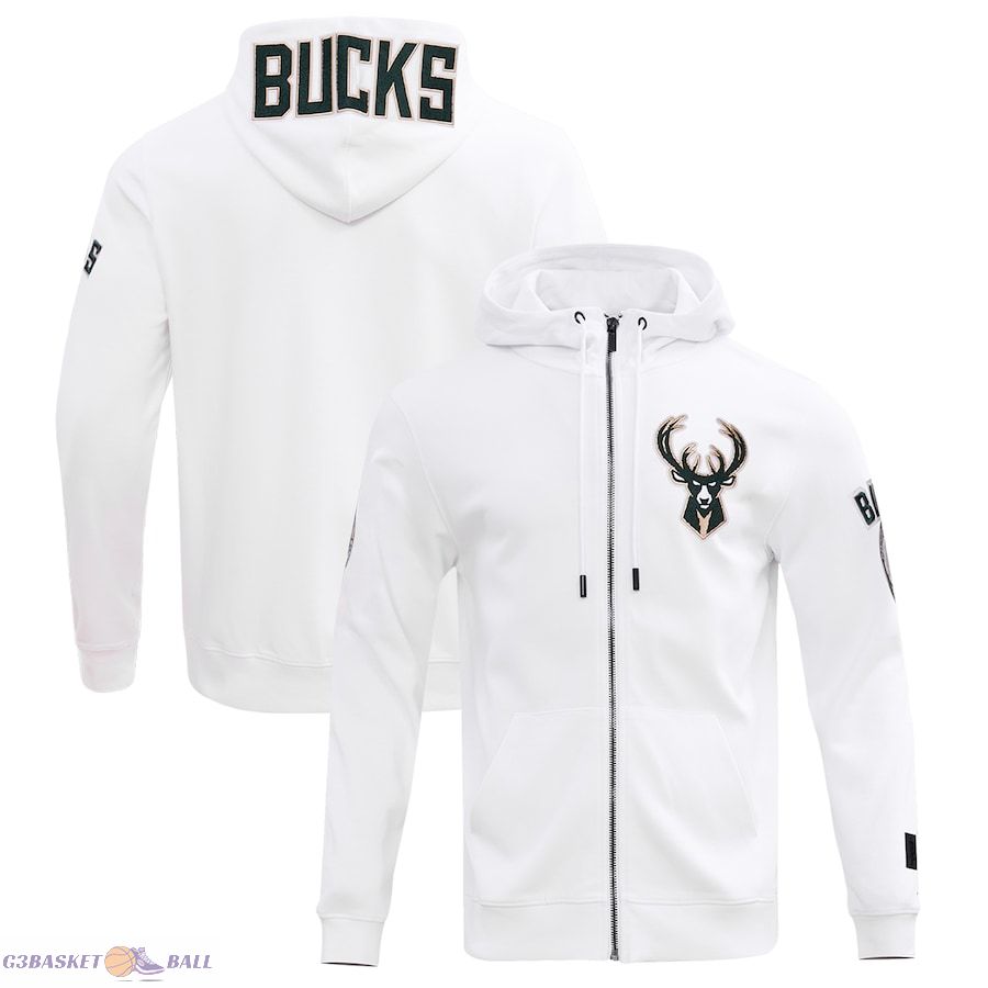 Men's Milwaukee Bucks Pro Standard White Classic Chenille Double Knit Full-Zip Pullover Hoodie