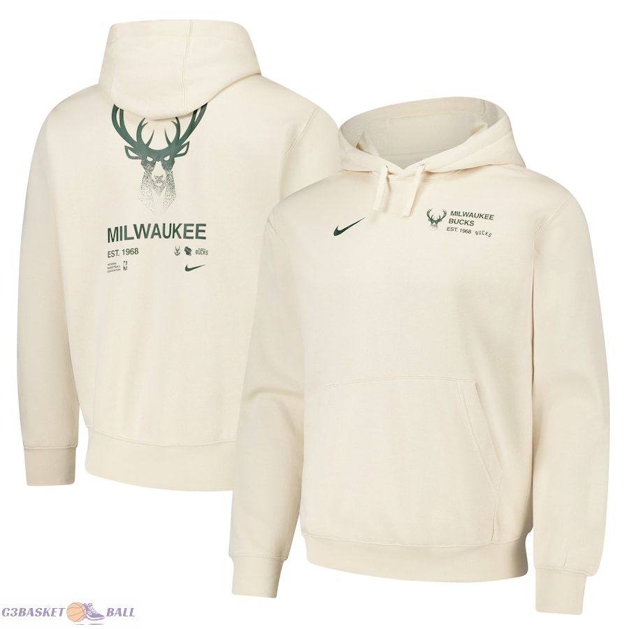 Men's Milwaukee Bucks Nike Oatmeal Courtside Club Pullover Hoodie