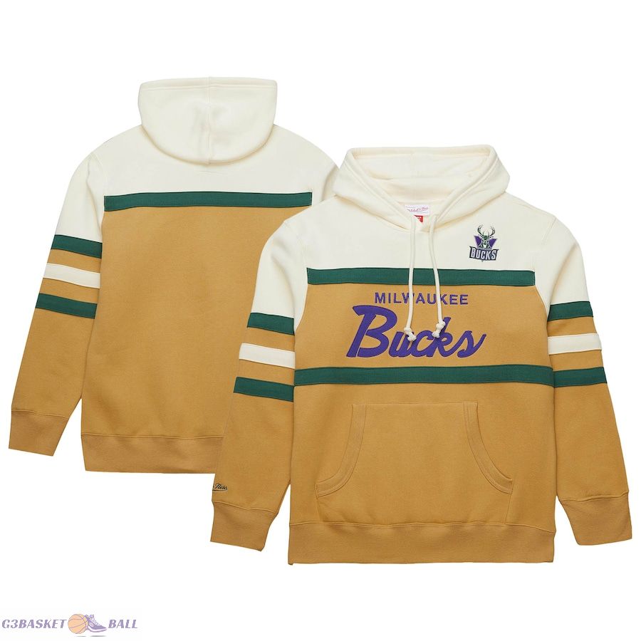 Men's Milwaukee Bucks Mitchell & Ness Tan/Cream Hardwood Classics Vintage Logo Head Coach Pullover Hoodie