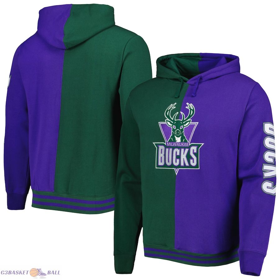 Men's Milwaukee Bucks Mitchell & Ness Hunter Green/Purple Big & Tall Hardwood Classics Split Pullover Hoodie