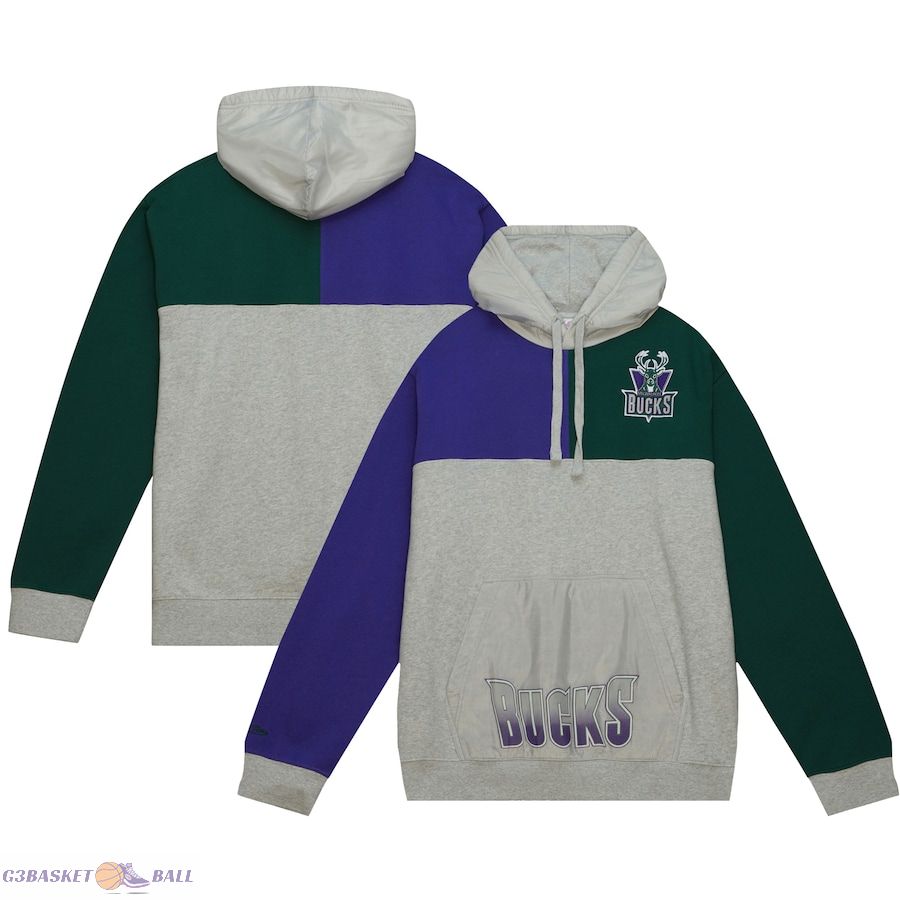 Men's Milwaukee Bucks Mitchell & Ness Heather Gray Tie-Breaker Fleece Pullover Hoodie